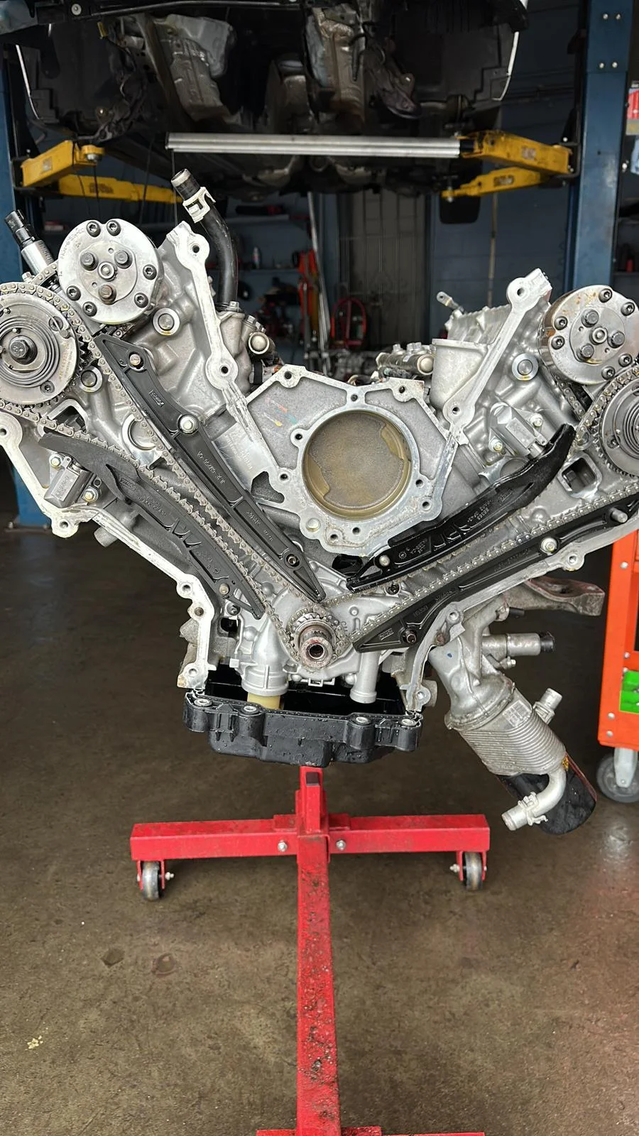 Engine timing chain service on an engine stand