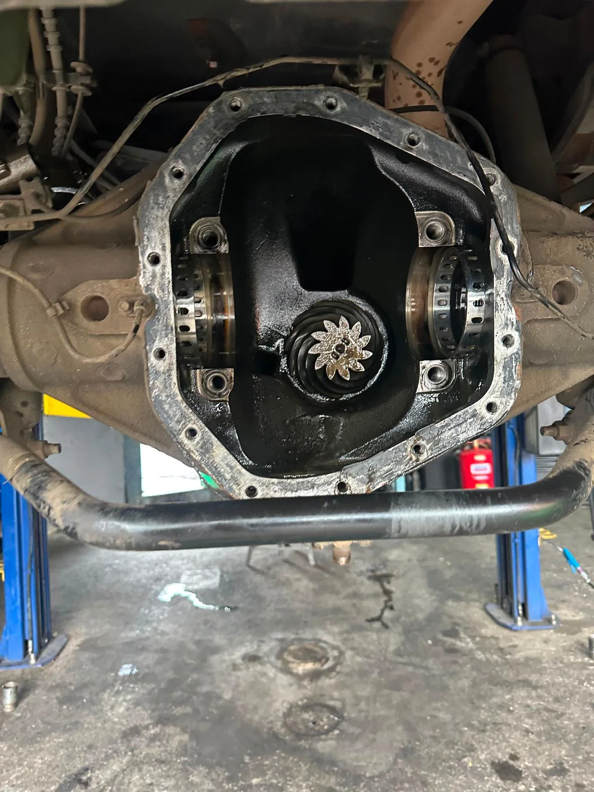 Open truck differential during technical inspection